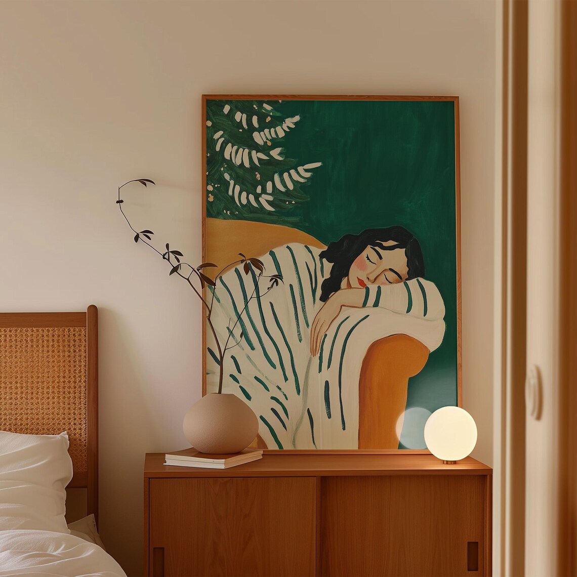Sleeping Woman Striped Pajamas Orange Couch Green Napping Art Poster - Image 4
