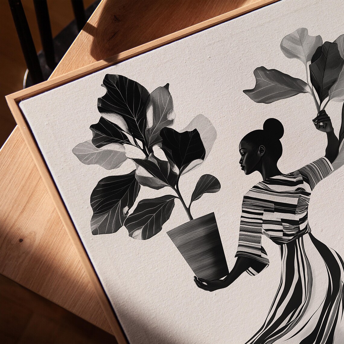 Black And White Woman Holding A Large Potted Plant Minimalist Print - Image 3