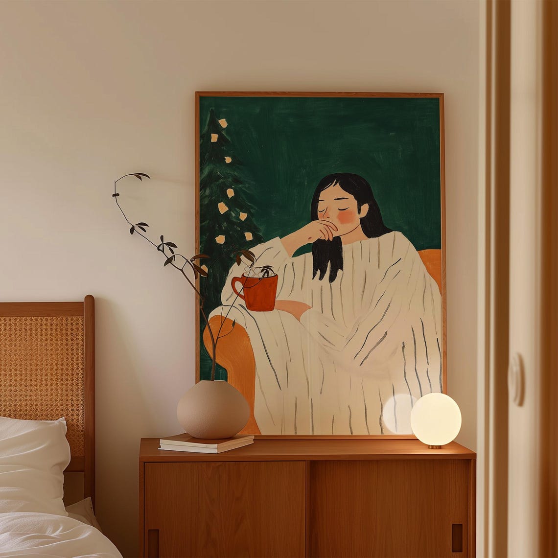 Woman in a White Robe Drinking Hot Cocoa by the Christmas Tree Poster - Image 4