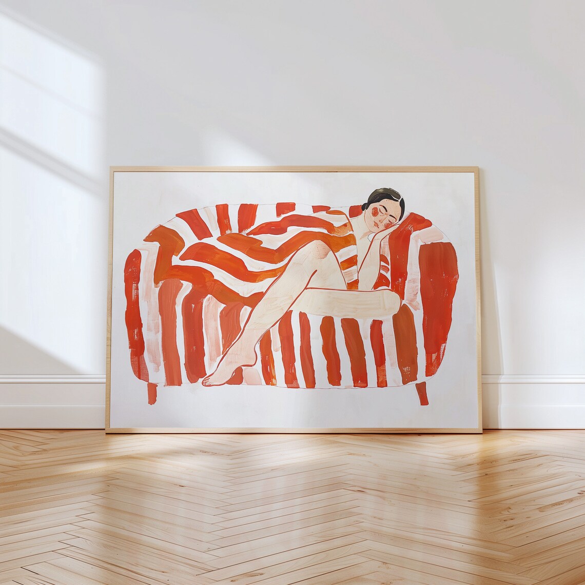Modern Abstract Woman Relaxing On Striped Couch Art Print - Image 4
