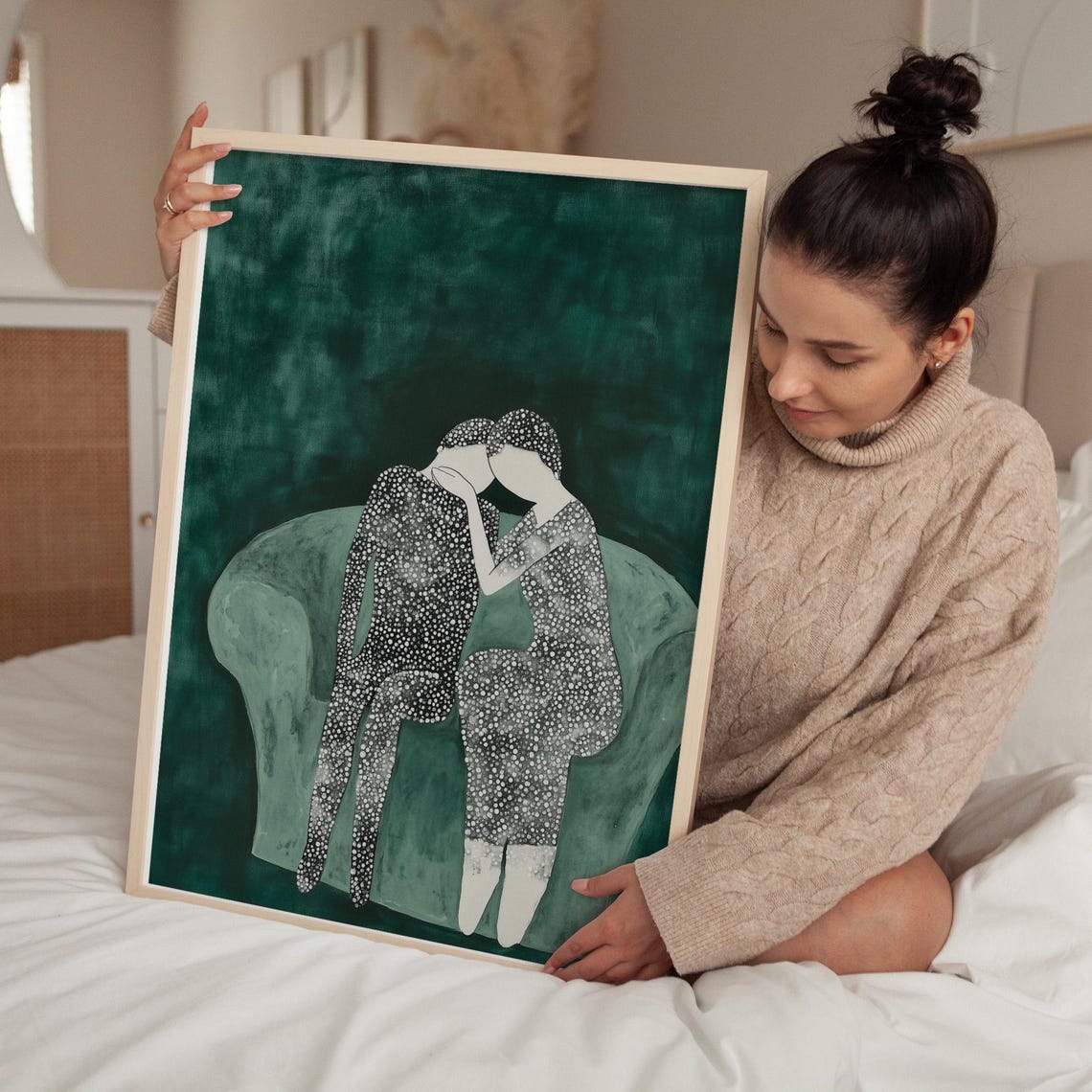Intimate Embrace of Two Dotted Figures on a Green Sofa Poster - Image 5