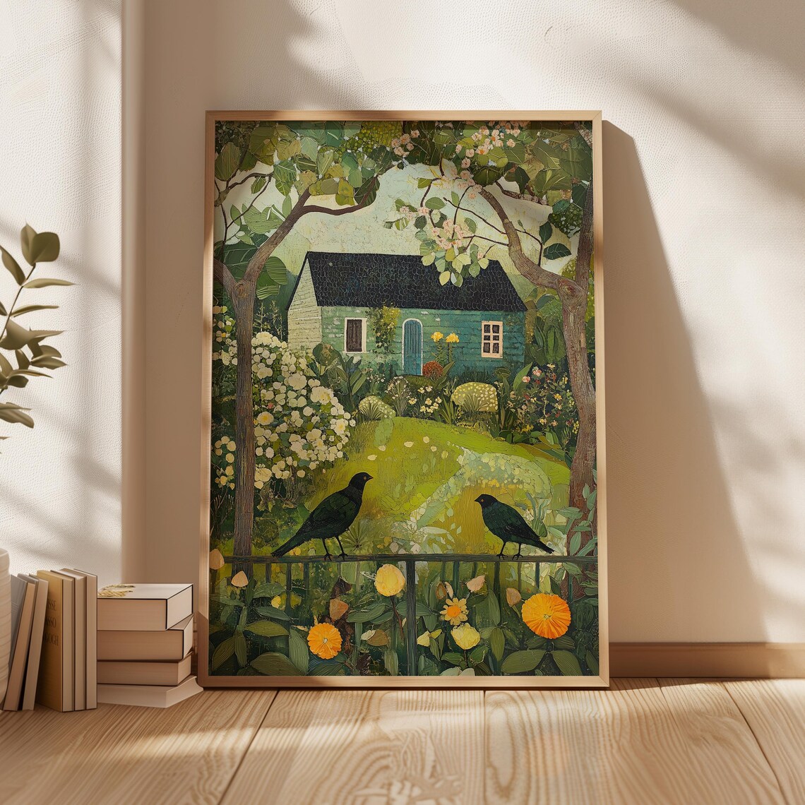 Cottage Garden Birds And Flowers, Spring Landscape
