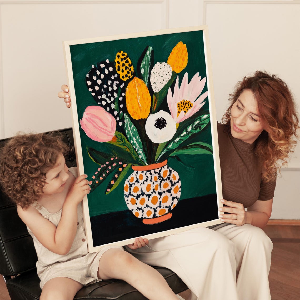 Bold Pink Yellow Flower Bouquet Polka Dot Vase Dark Green Art Poster - Image 4