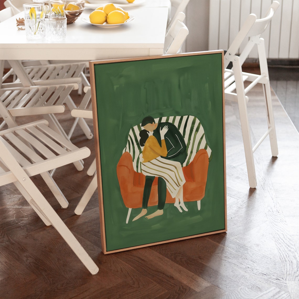 Couple Cuddling On Striped Couch Green Background Romantic Art Poster - Image 4