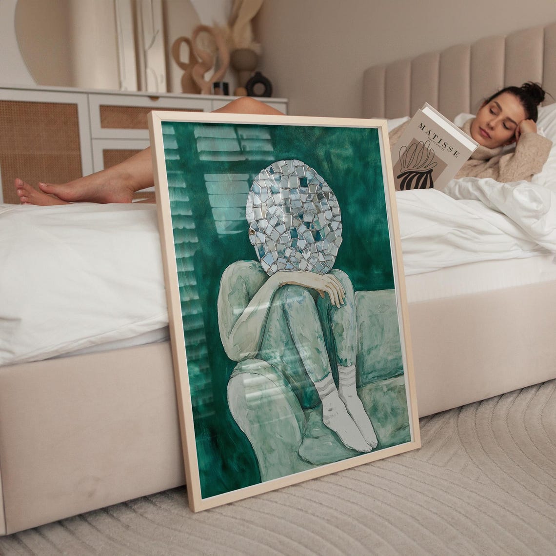 Surreal Mosaic Face Art Print Abstract Seated Figure Painting Reflective Self Discovery Artwork Green And Neutral Home Decor - Image 5