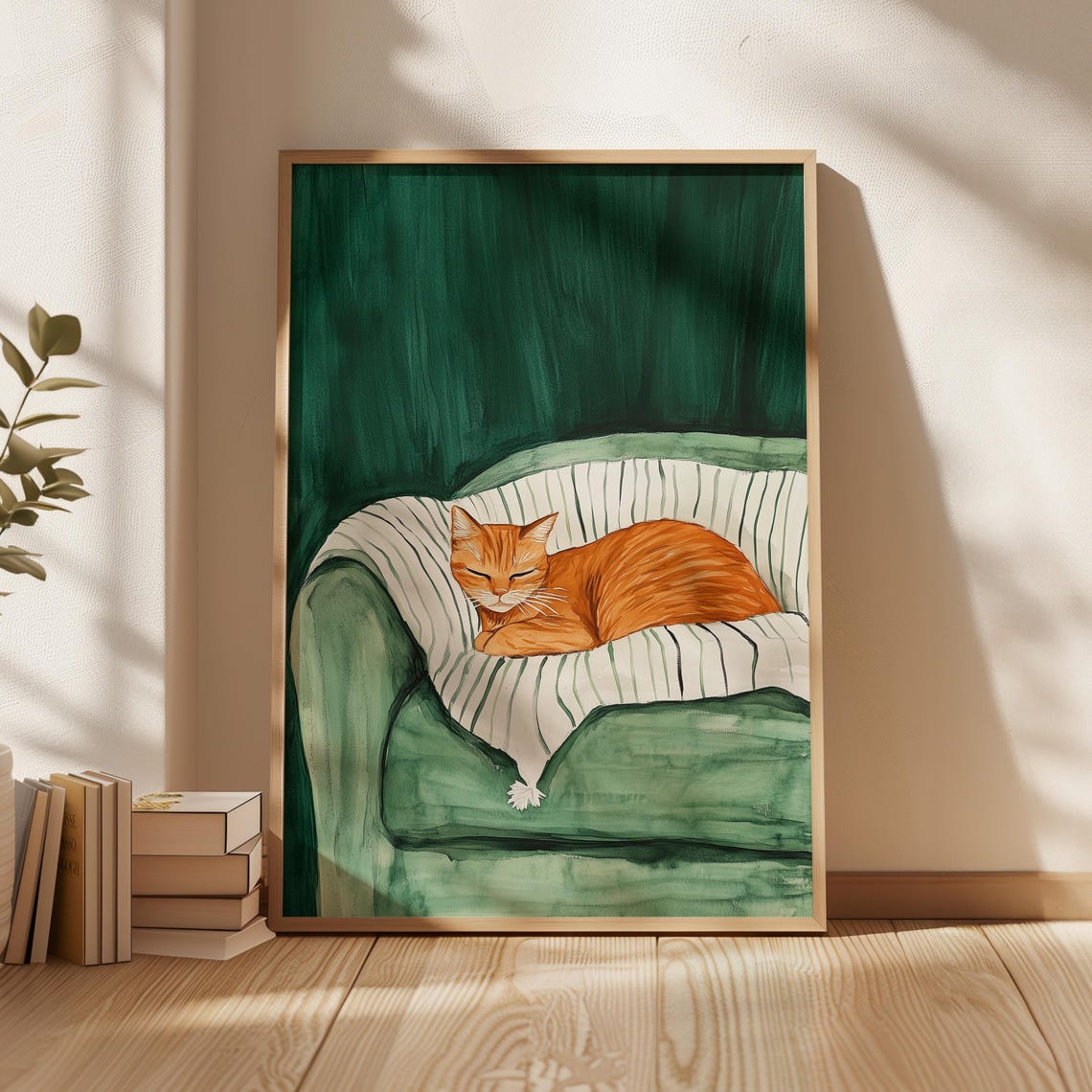 Sleeping Ginger Cat Striped Blanket Green Velvet Chair Cozy Poster