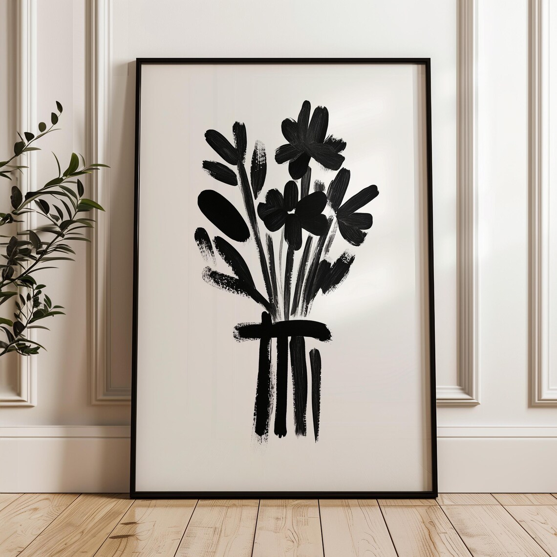 Black And White Brushstroke Flower Bouquet Minimalist Floral Poster