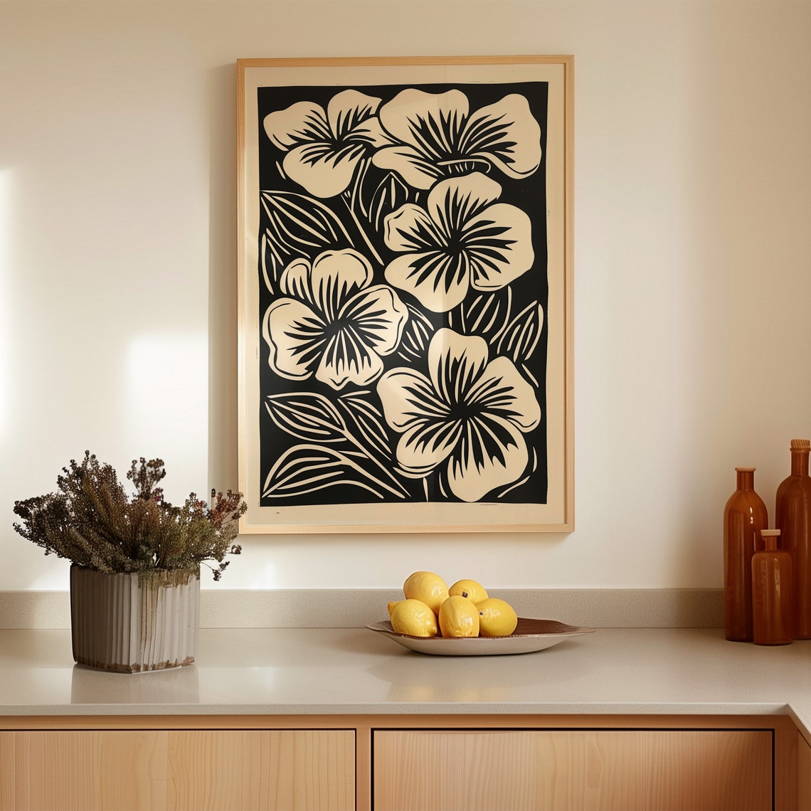 Black And White Hibiscus Linocut Botanical Floral Ink Poster - Image 3