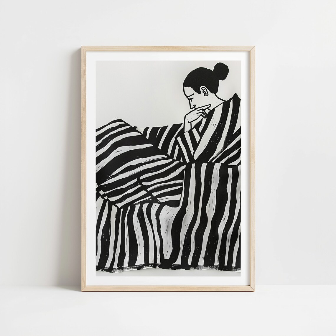Contemplative Woman In Striped Kimono Black And White Line Drawing Art Poster - Image 3