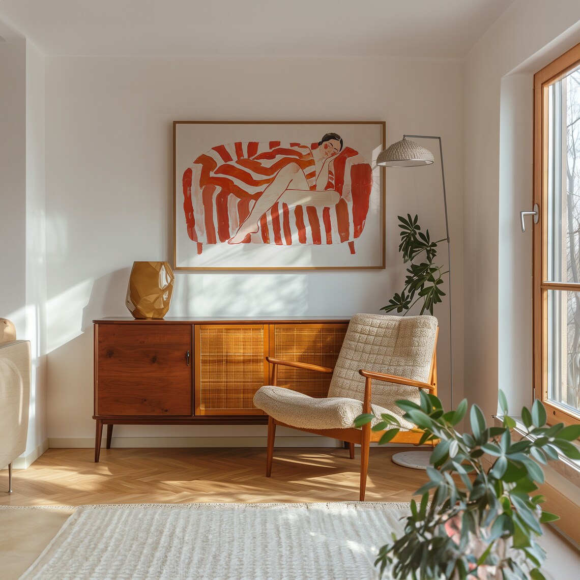 Modern Abstract Woman Relaxing On Striped Couch Art Print - Image 2