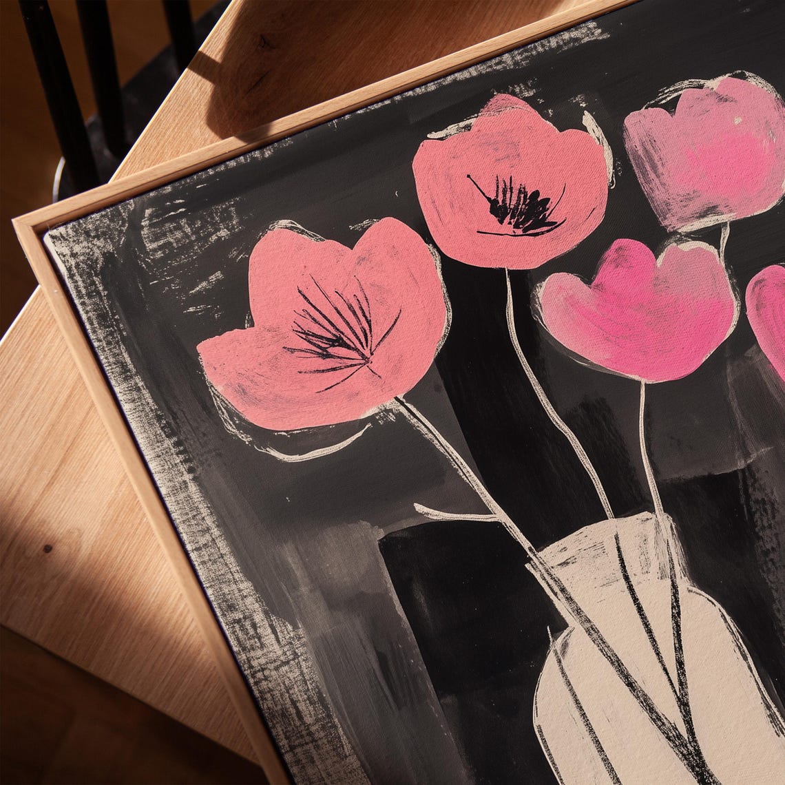 Bold Pink Flowers in White Vases Black Background Floral Art Poster - Image 3