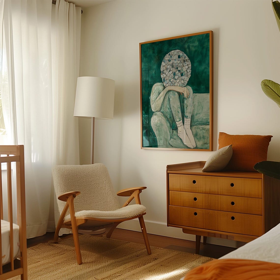 Surreal Mirror Tile Face Figure Seated in Green Tones Poster - Image 2