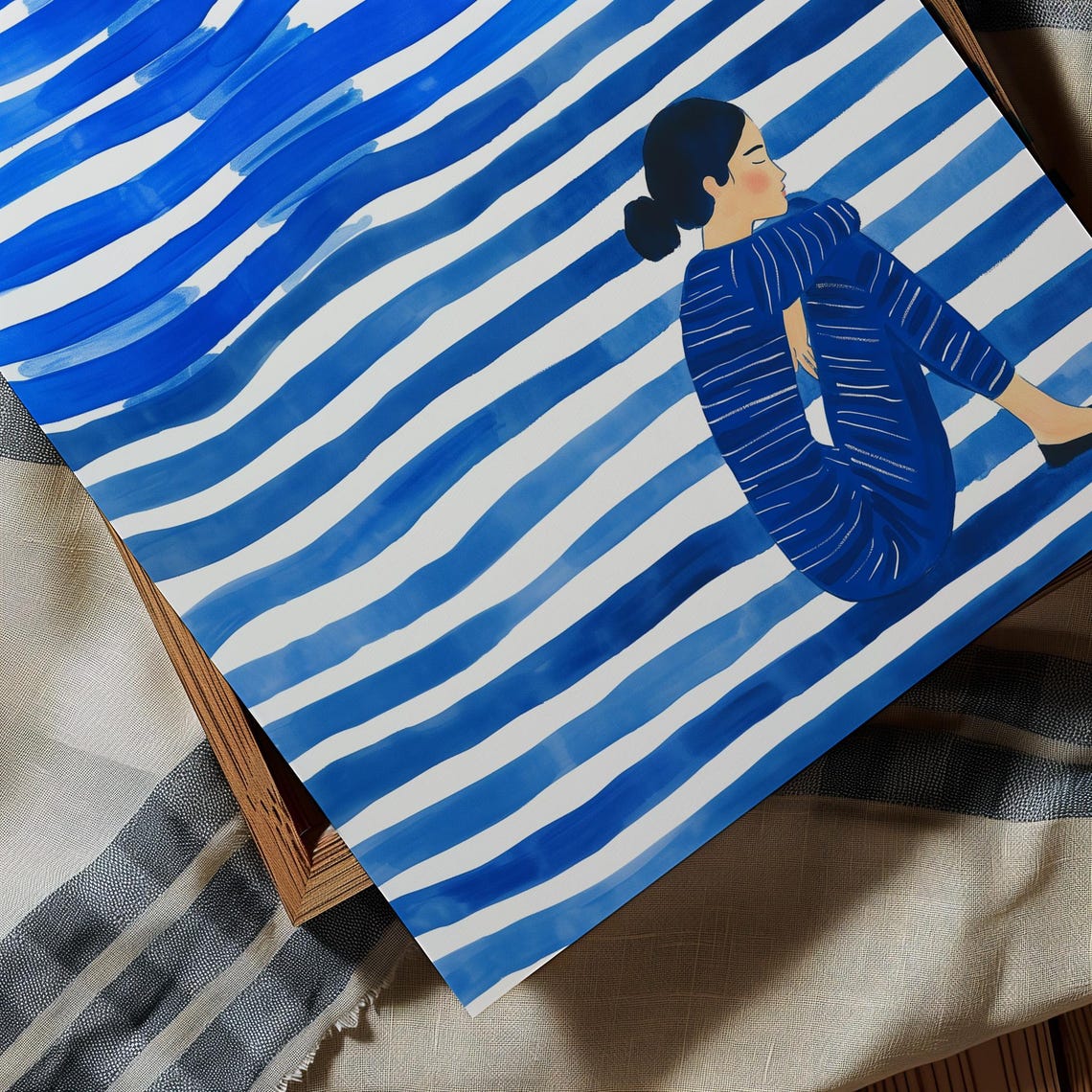Woman Seated Among Bold Blue Waves in Striped Clothing Poster - Image 4