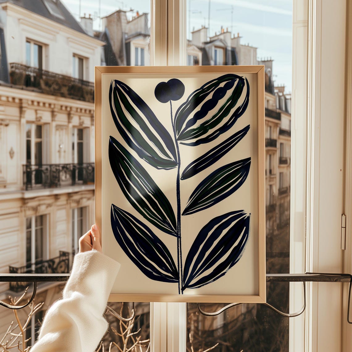 Tall Navy Blue Botanical Leaves on Cream Minimalist Art Poster - Image 2