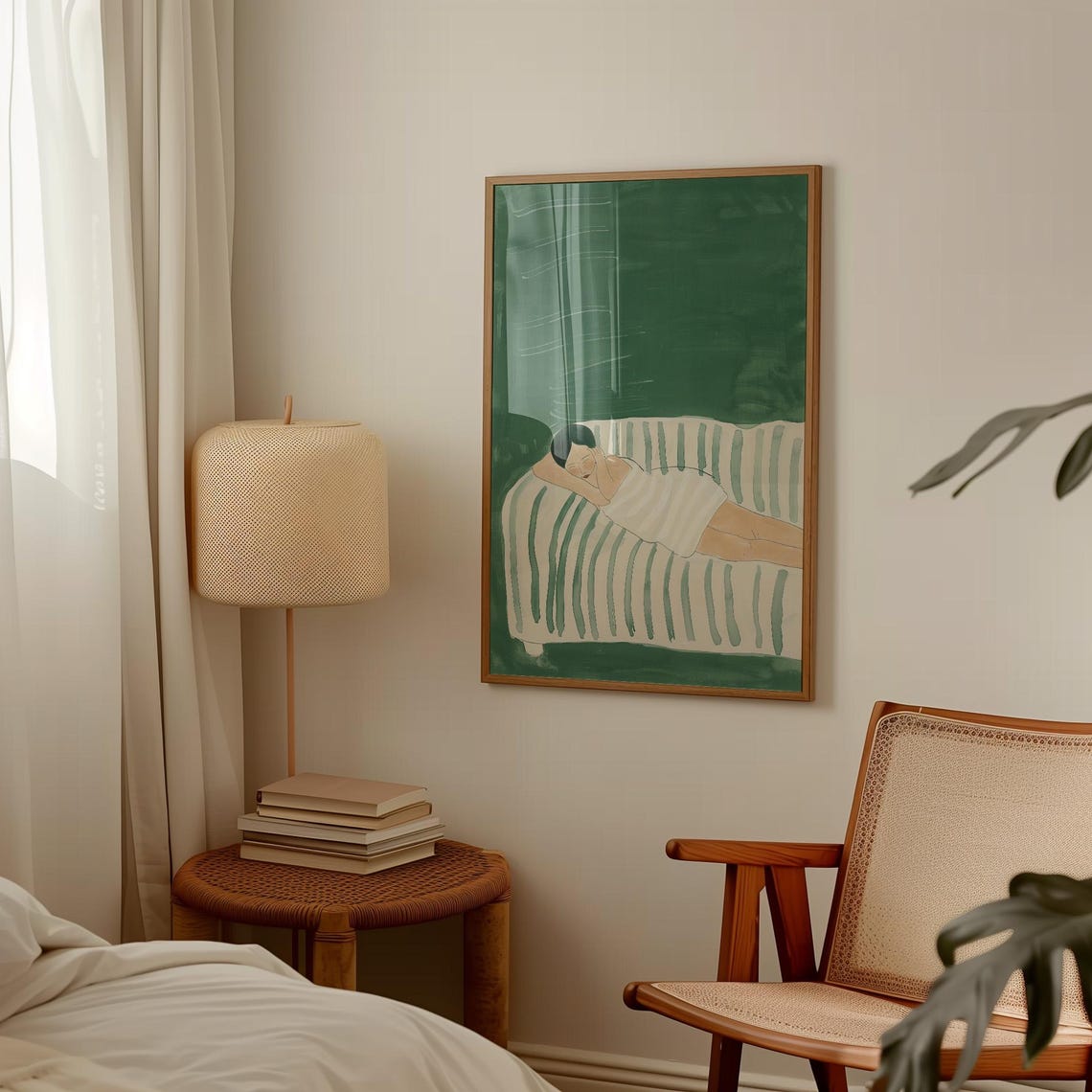 Woman Resting on Green Striped Couch Minimal Green Figure Poster - Image 3