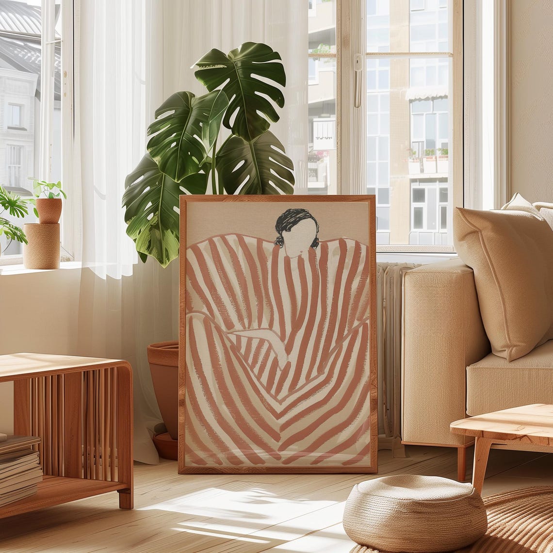 Faceless Woman In A Terracotta Striped Dress Seated Boho Wall Art - Image 2