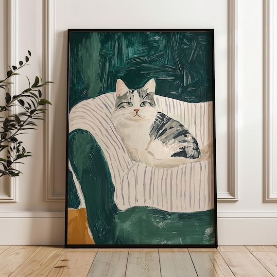 Cozy Tabby Cat Portrait On Striped Chair Green Whimsical Poster
