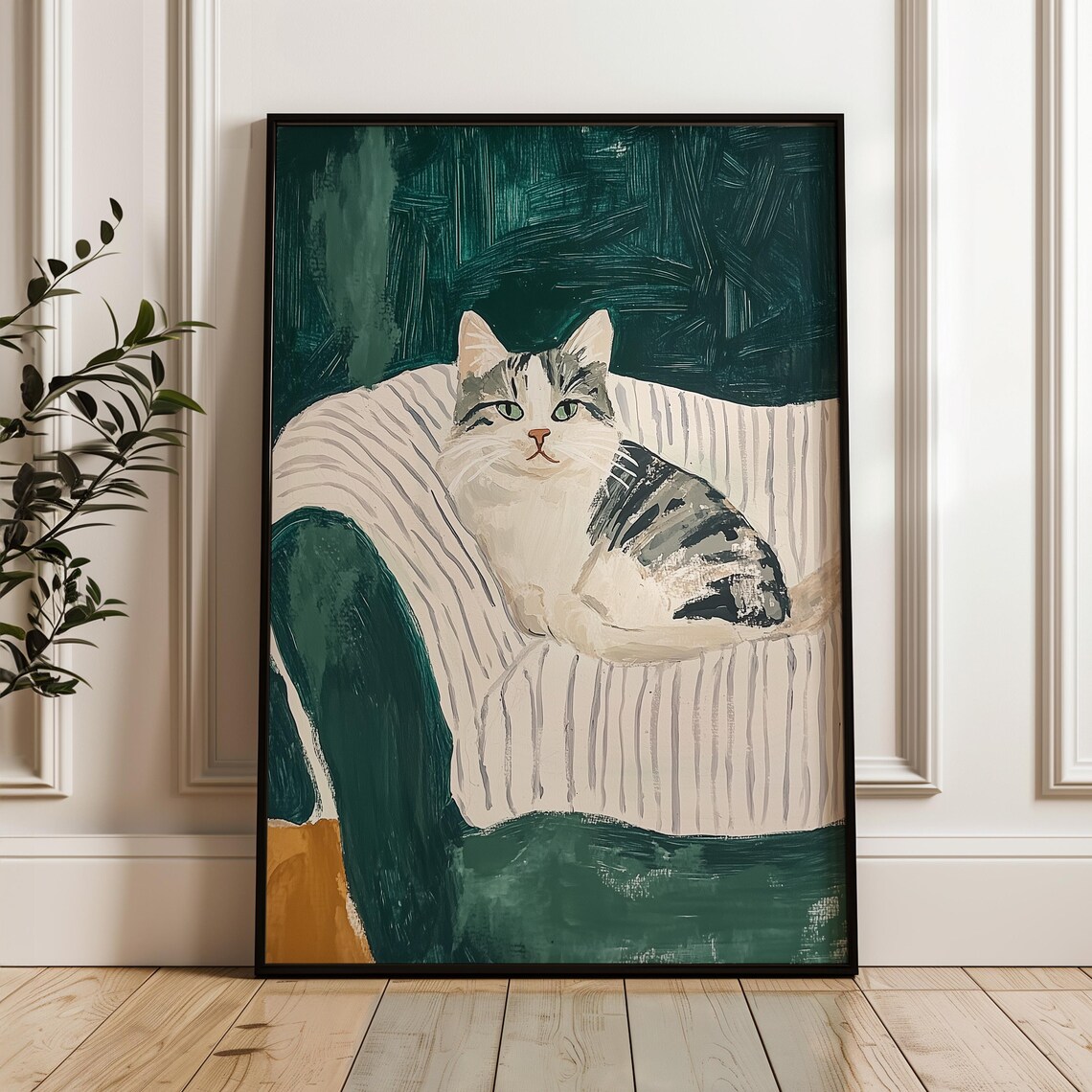 Cozy Tabby Cat Portrait On Striped Chair Green Whimsical Poster