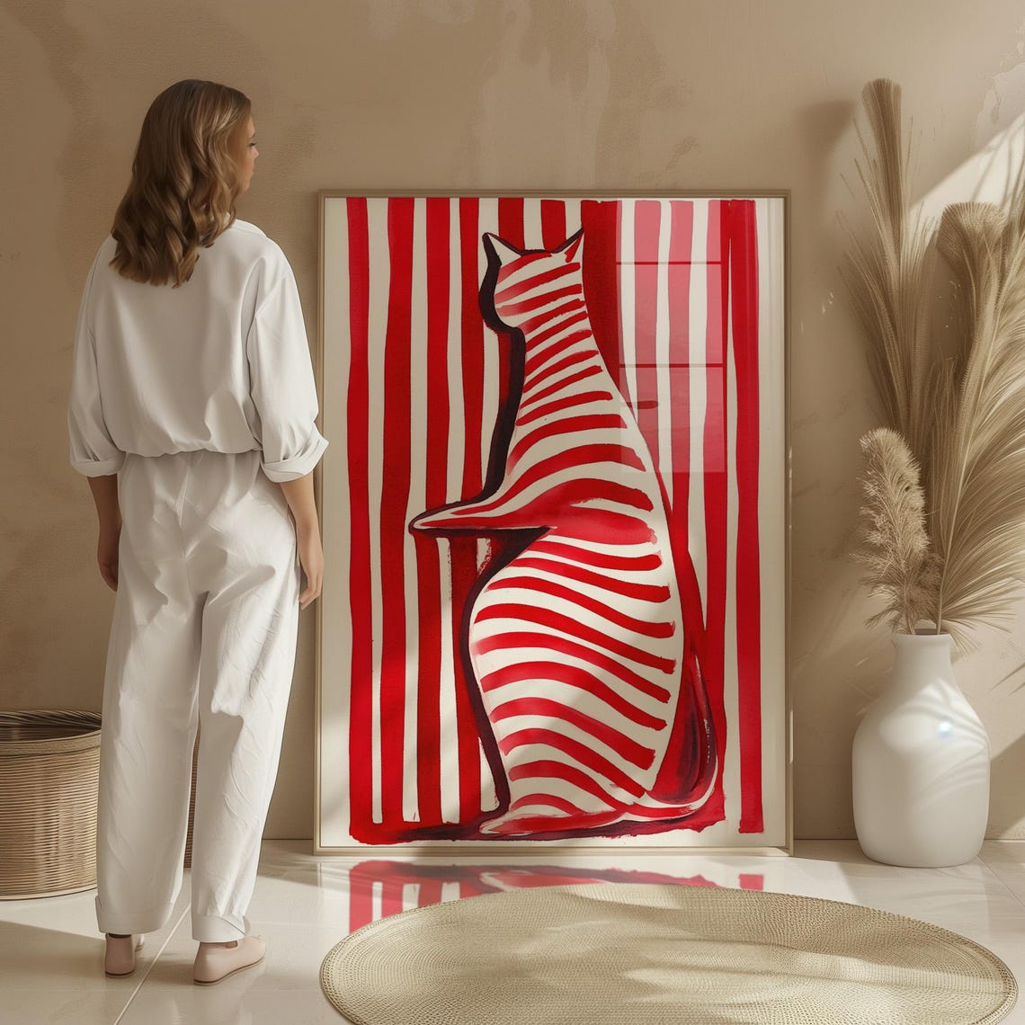Striped Cat Silhouette Red and White Modern Minimalist Poster - Image 3