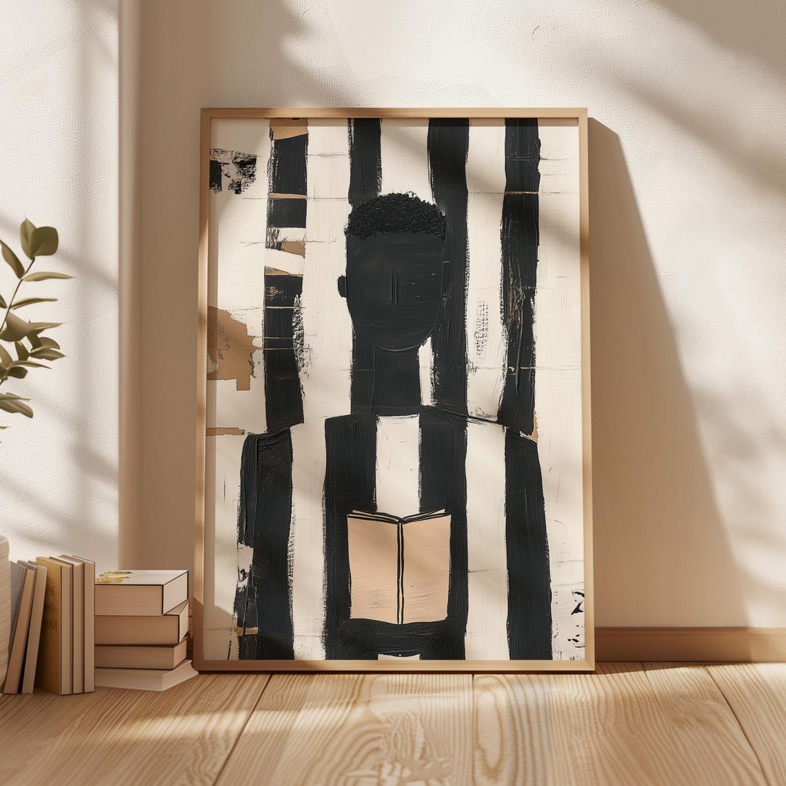 Abstract Black White Reader Holding Open Book Modern Art Poster