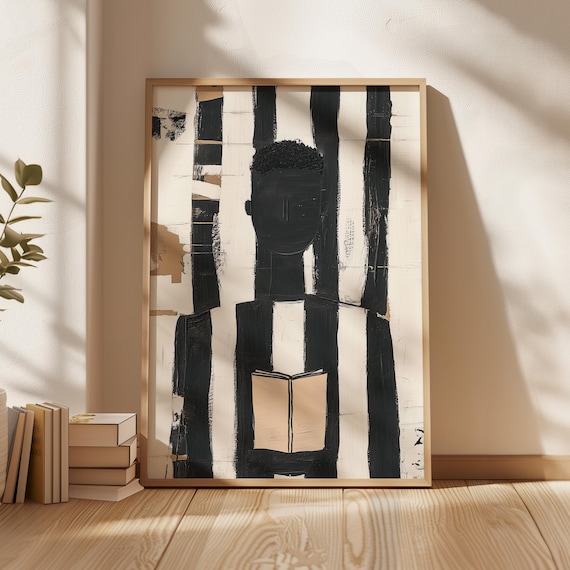 Abstract Black White Reader Holding Open Book Modern Art Poster
