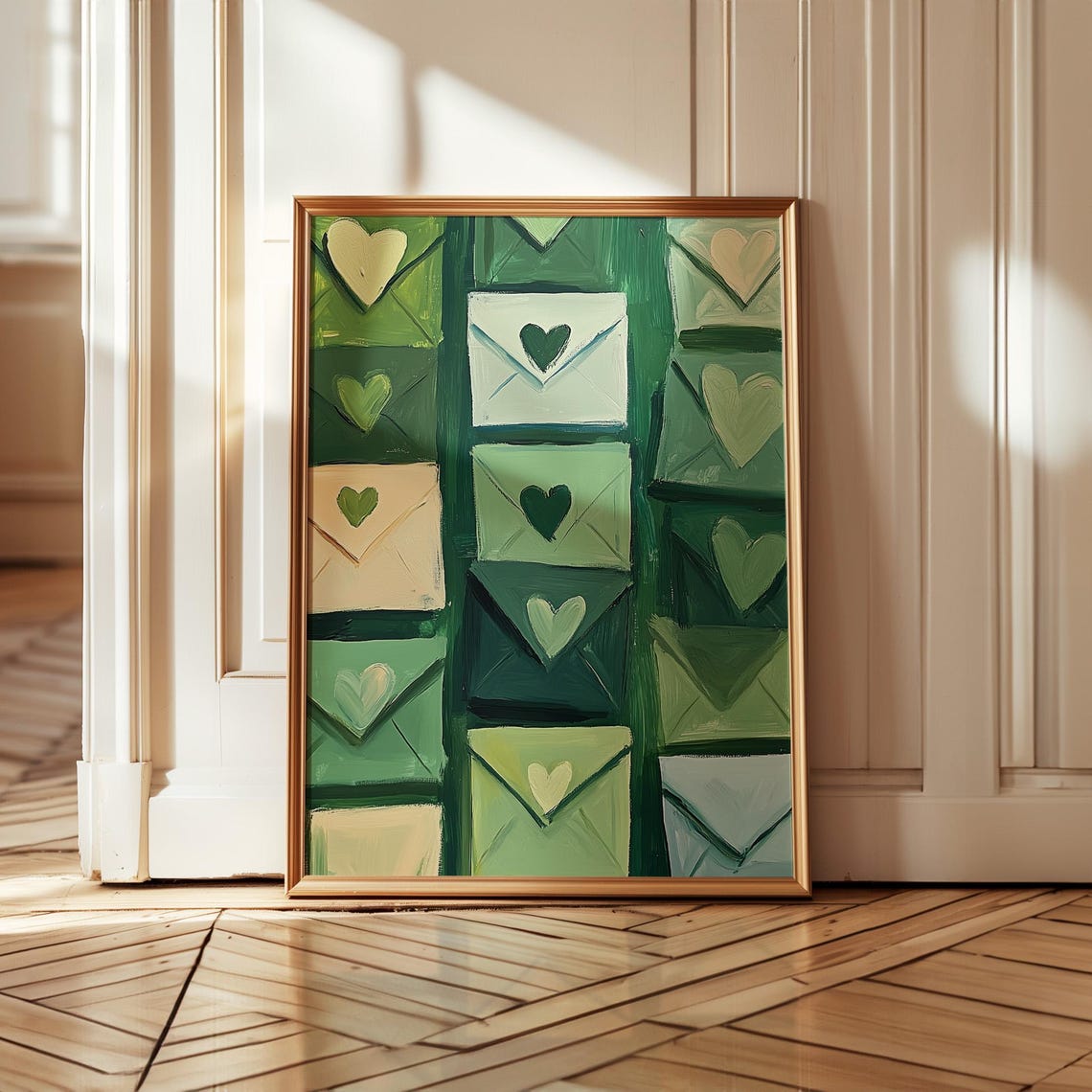 Green Love Letters Heart Seal Envelopes Abstract Romantic Art Poster