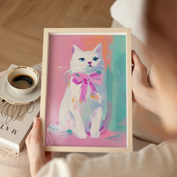 White Cat with Pink Bow Colorful Pastel Portrait Painting Poster