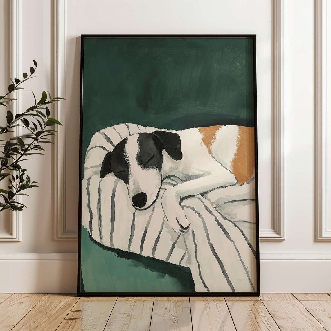 Sleeping Dog On Striped Couch Cozy Green Pet Painting Poster
