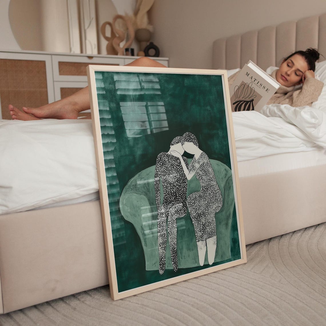 Intimate Embrace of Two Dotted Figures on a Green Sofa Poster - Image 2