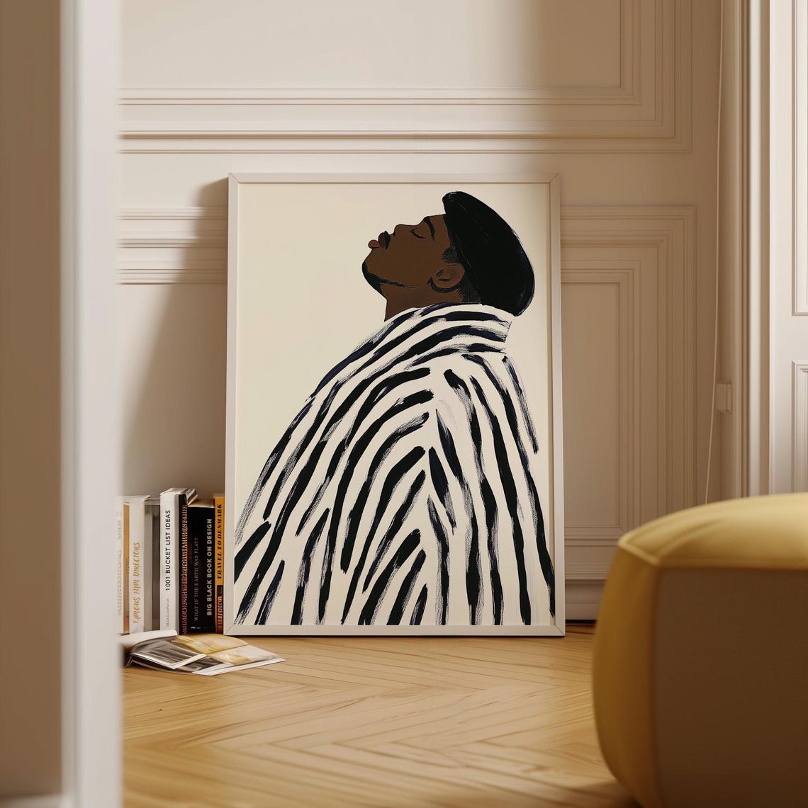 Modern Portrait Art Print Man In Striped Robe And Cap Illustration Minimalist Abstract Wall Art Neutral Home Decor Black White - Image 3