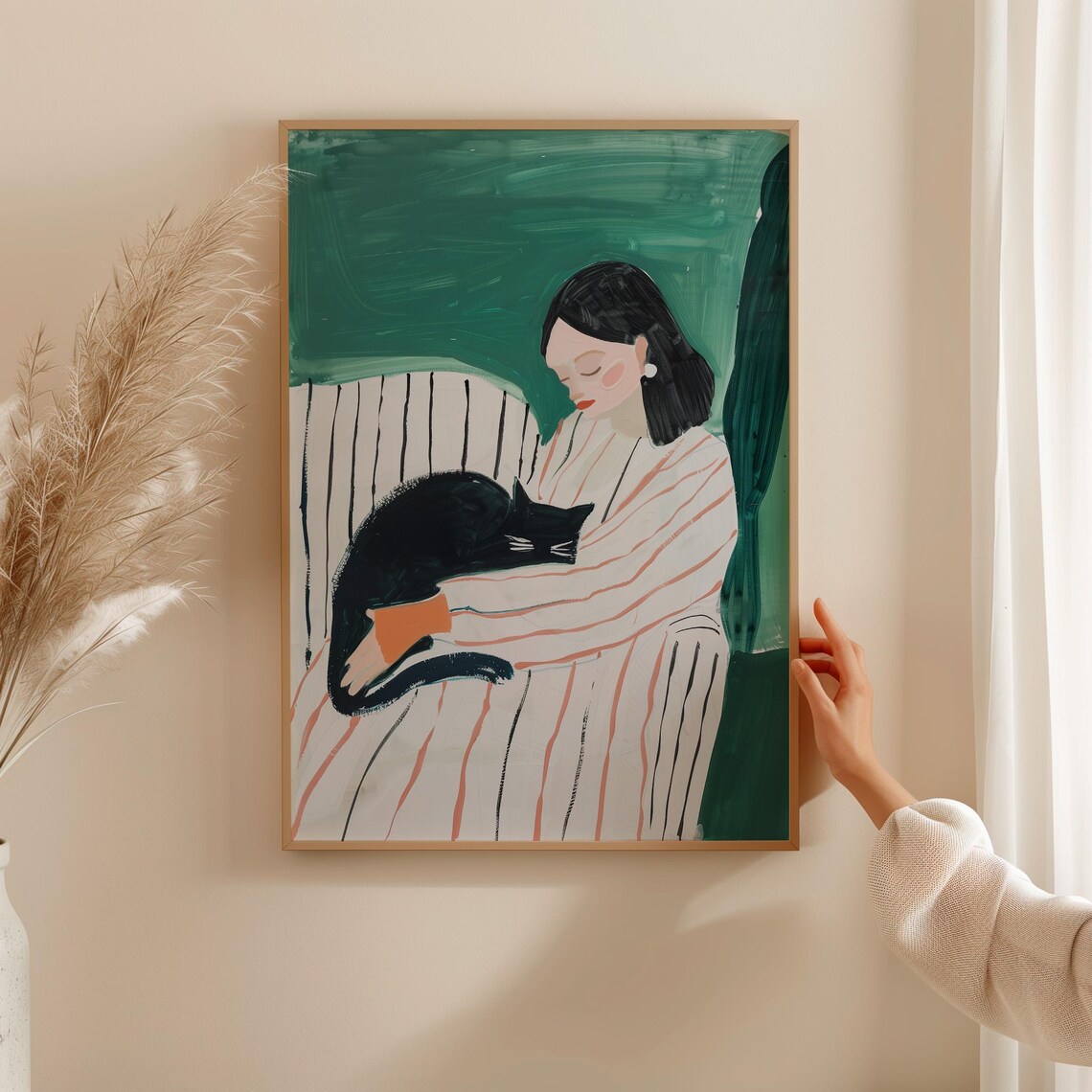 Woman Cuddling Black Cat Striped Robe Emerald Green Cat Lover Art Poster - Image 4