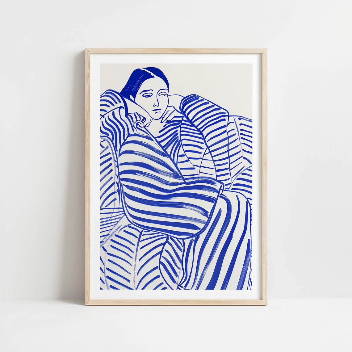 Cobalt Blue Woman In Striped Robe Line Art Portrait Wall Art - Image 4