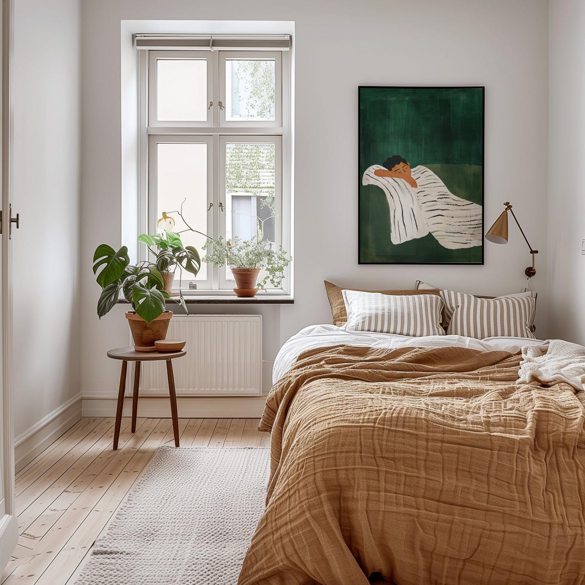 Person Sleeping Under Striped Blanket Emerald Green Calm Wall Art - Image 2