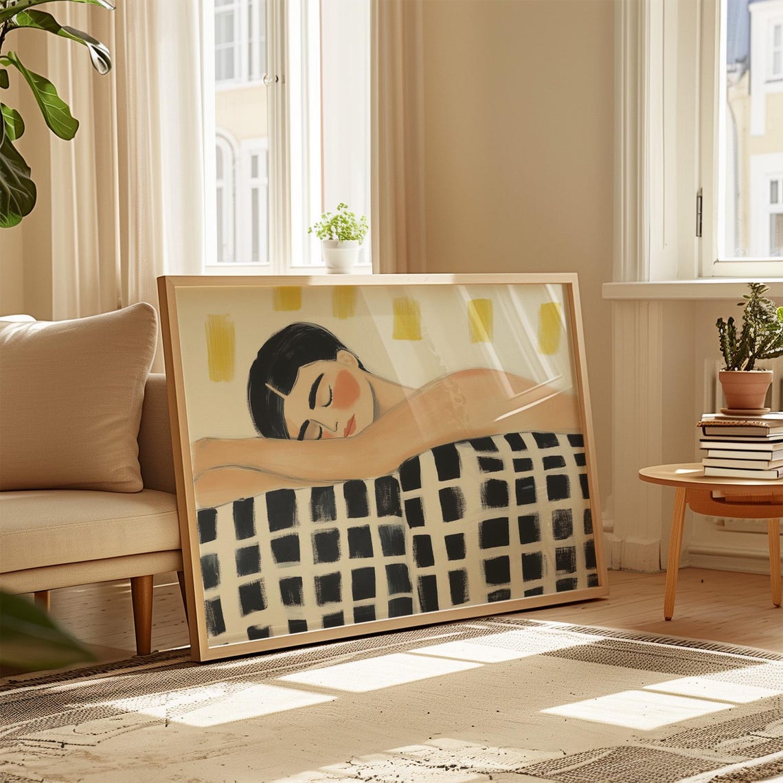 Sleeping Woman Under Black White Checkered Blanket Cozy Poster - Image 3