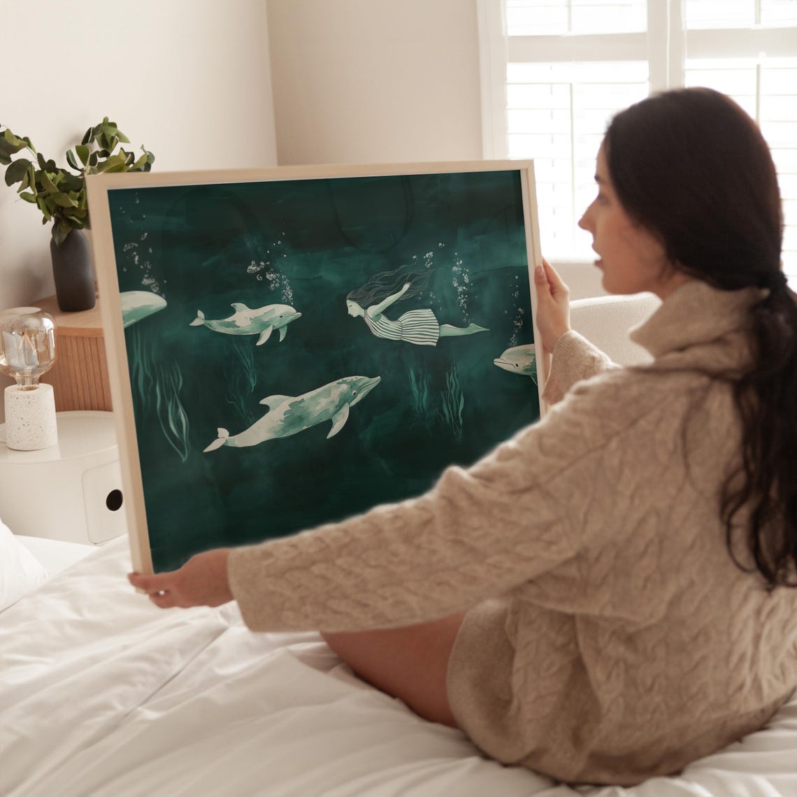 Emerald Green Dolphins and Swimmer Underwater Illustration Poster - Image 3