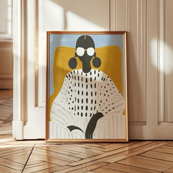 Afro Puffs Woman Sunglasses Dotted Sweater Yellow Chair Abstract Poster