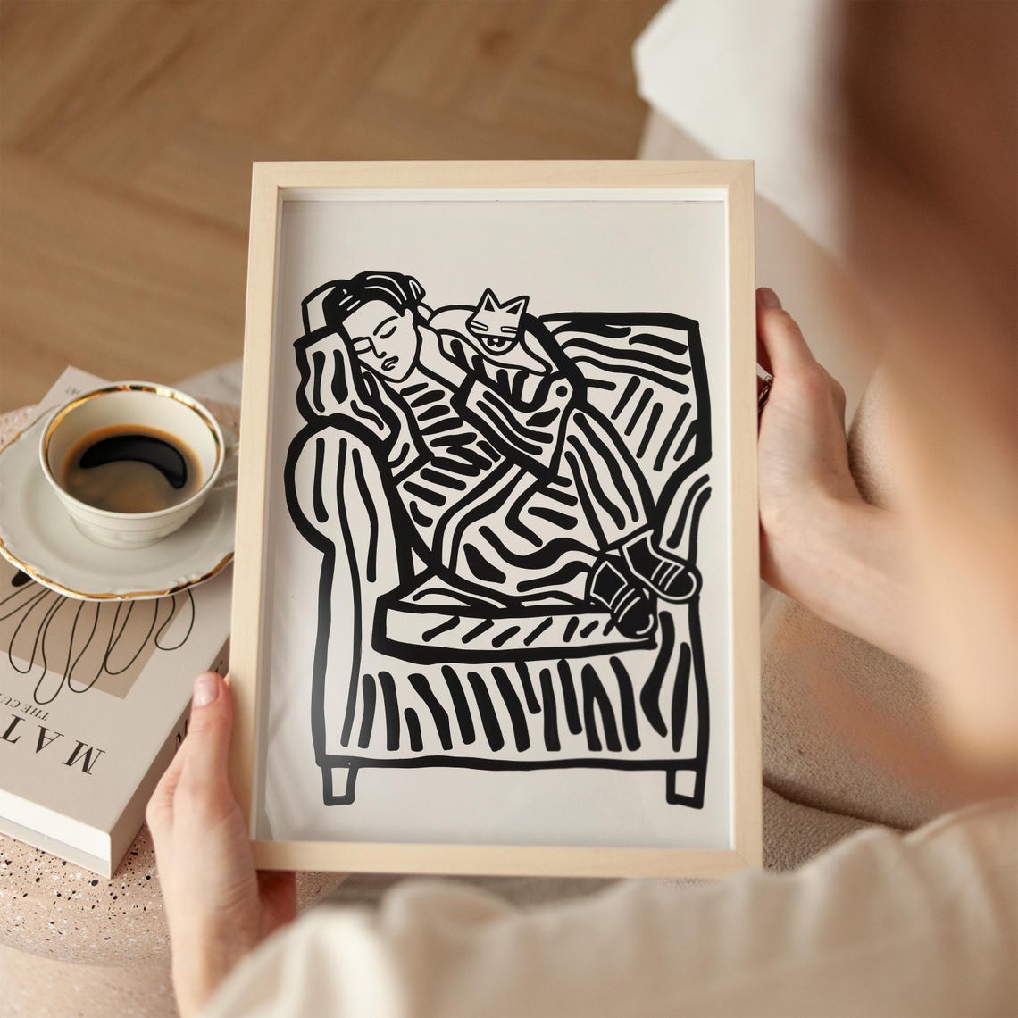 Woman Sleeping with Cat Line Drawing Cozy Black White Poster - Image 4