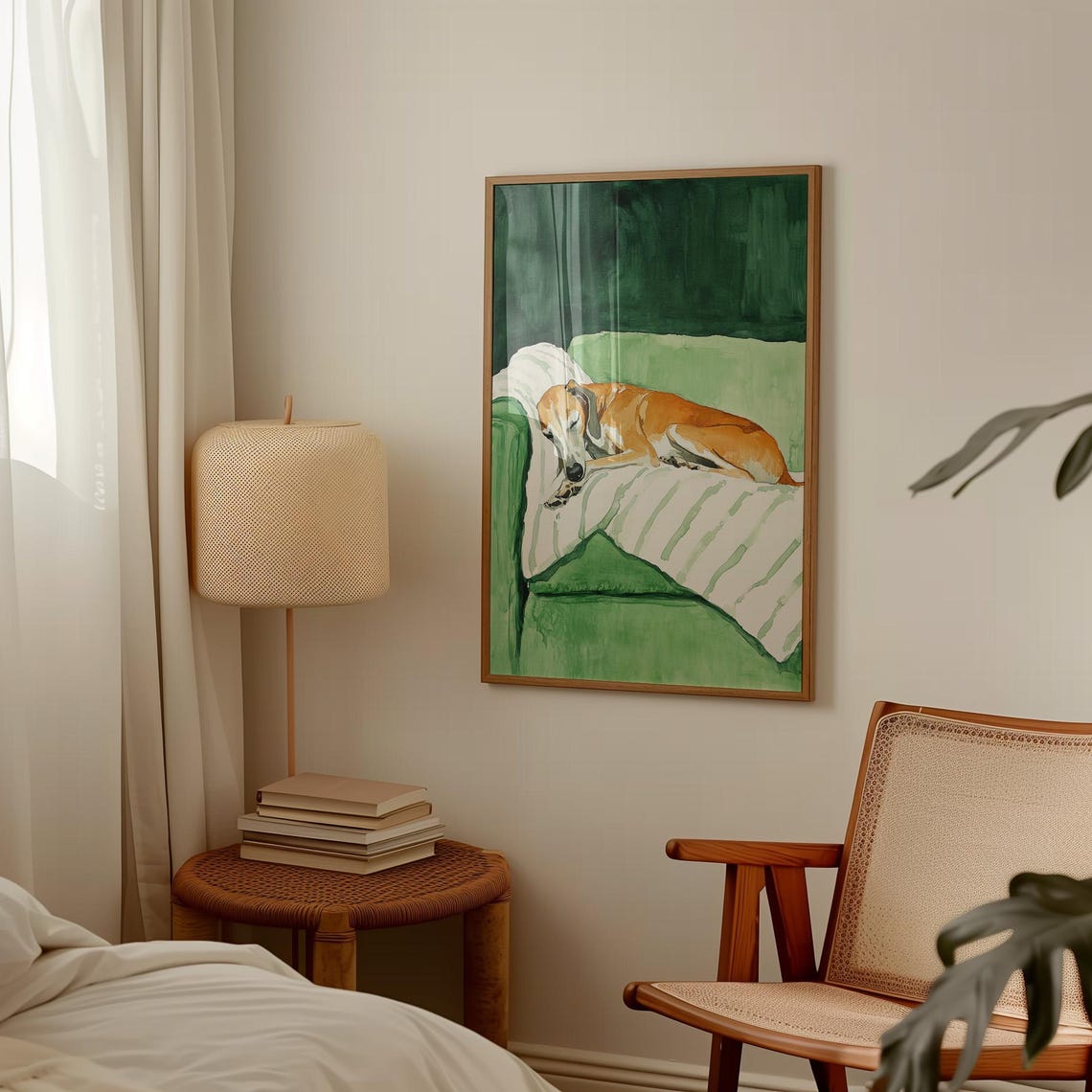 Sleeping Greyhound Dog Watercolor Cozy Green Couch Pet Art Poster - Image 2