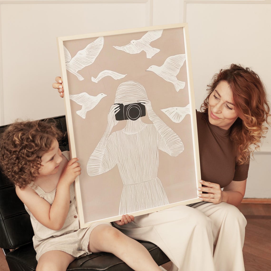 Woman With Camera and Flying Birds Minimalist Beige Line Art Poster - Image 2
