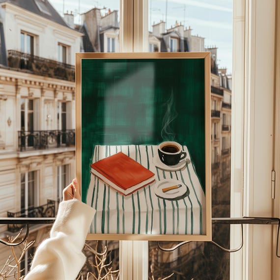 Cozy Coffee Table Art Print Book Cigarette Coffee Illustration Vintage Wall Decor Moody Minimalist Art Relaxing Home Office Decor