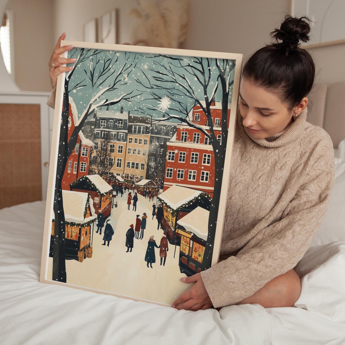 Retro Christmas Market Square Snowy Vintage Mid Century Holiday Poster