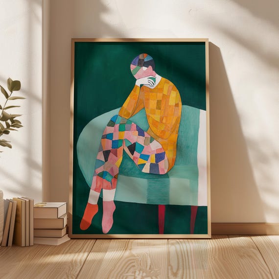 Colorful Mosaic Figure Art Print Abstract Seated Figure Illustration Geometric Contemplative Painting Vibrant Modern Wall Decor