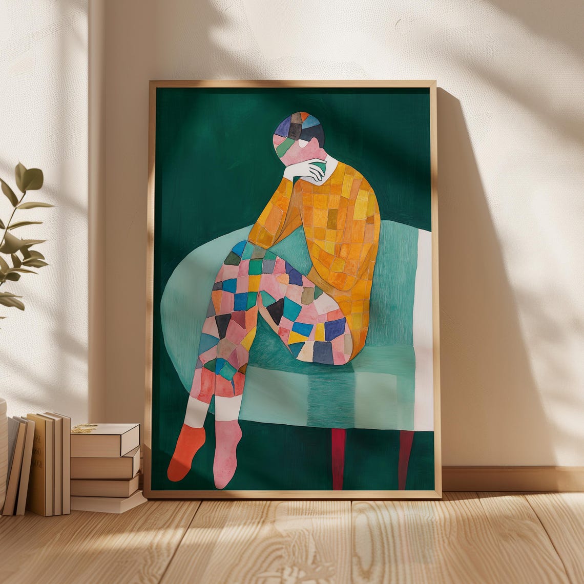 Mosaic Collage Figure Seated in Thought on Dark Green Poster