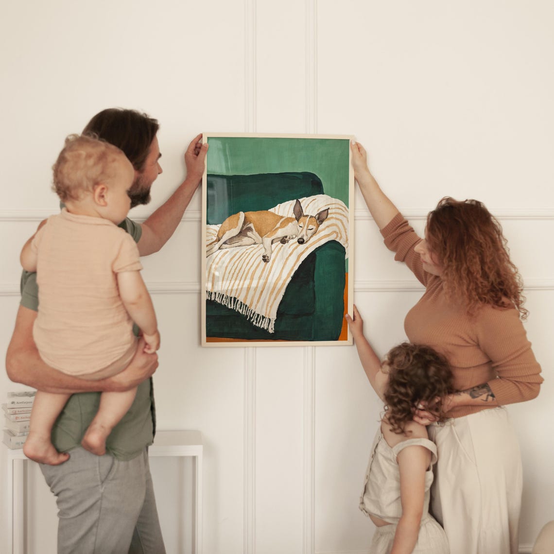 Sleeping Dog Watercolor Portrait Striped Blanket Green Pet Poster - Image 3
