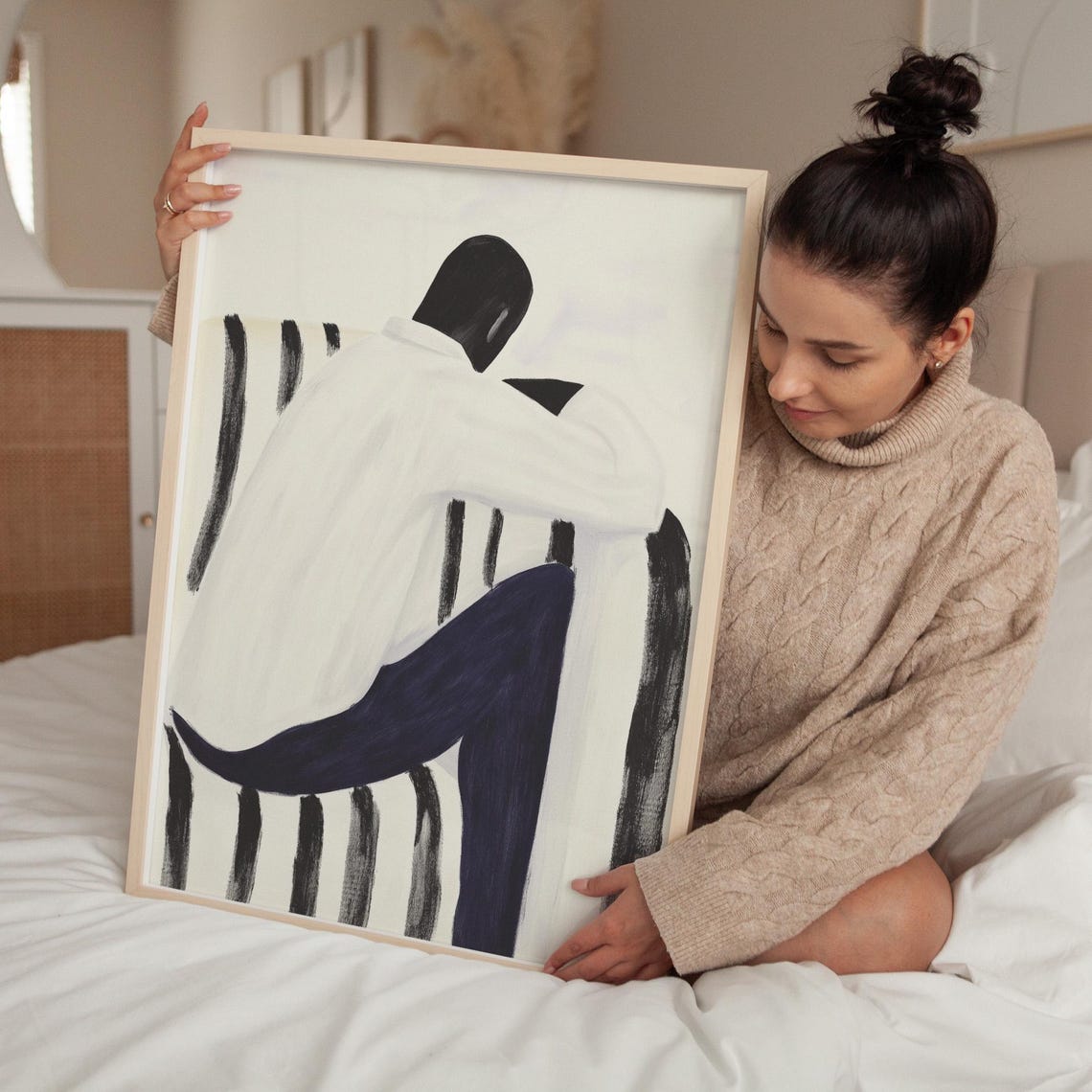 Minimalist Black And White Portrait Art Abstract Seated Figure Illustration Modern Contemplative Wall Decor Neutral Cozy Home Print - Image 5