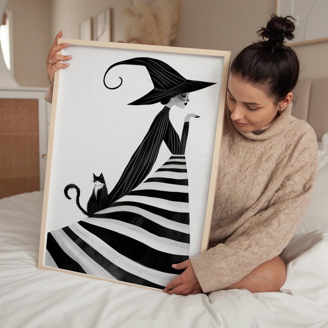Minimalist Black and White Witch with Cat Illustration Poster