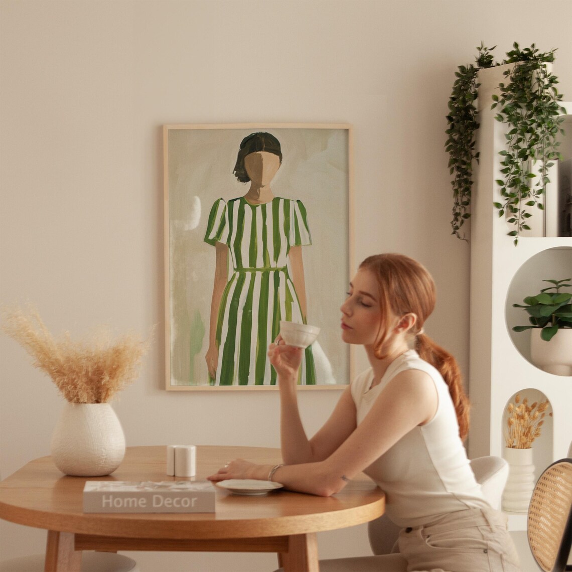 Faceless Woman in a Green Striped Dress on a Neutral Ground Poster - Image 5