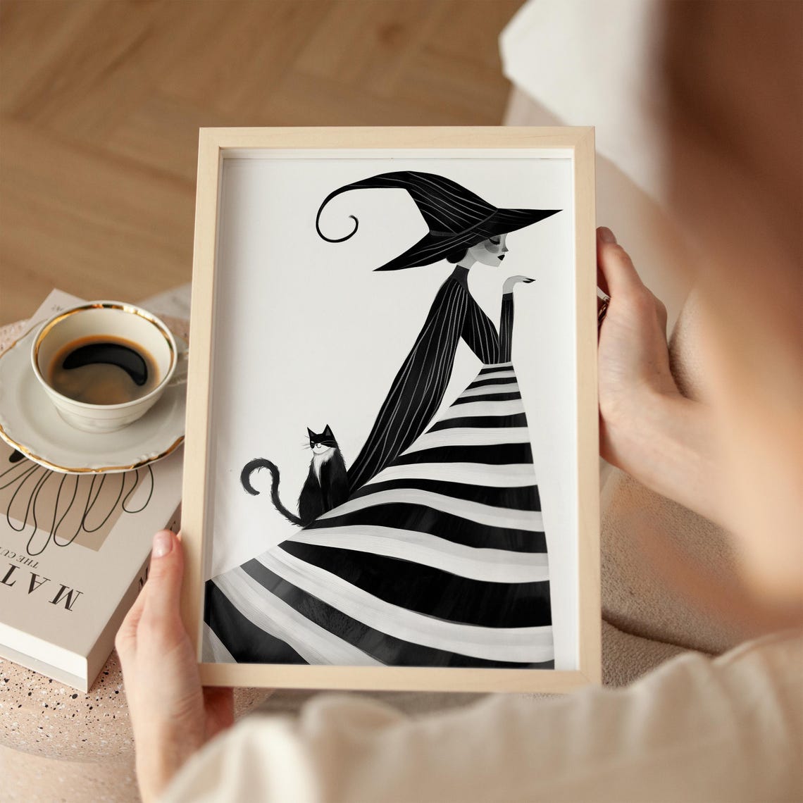 Minimalist Black and White Witch with Cat Illustration Poster - Image 2