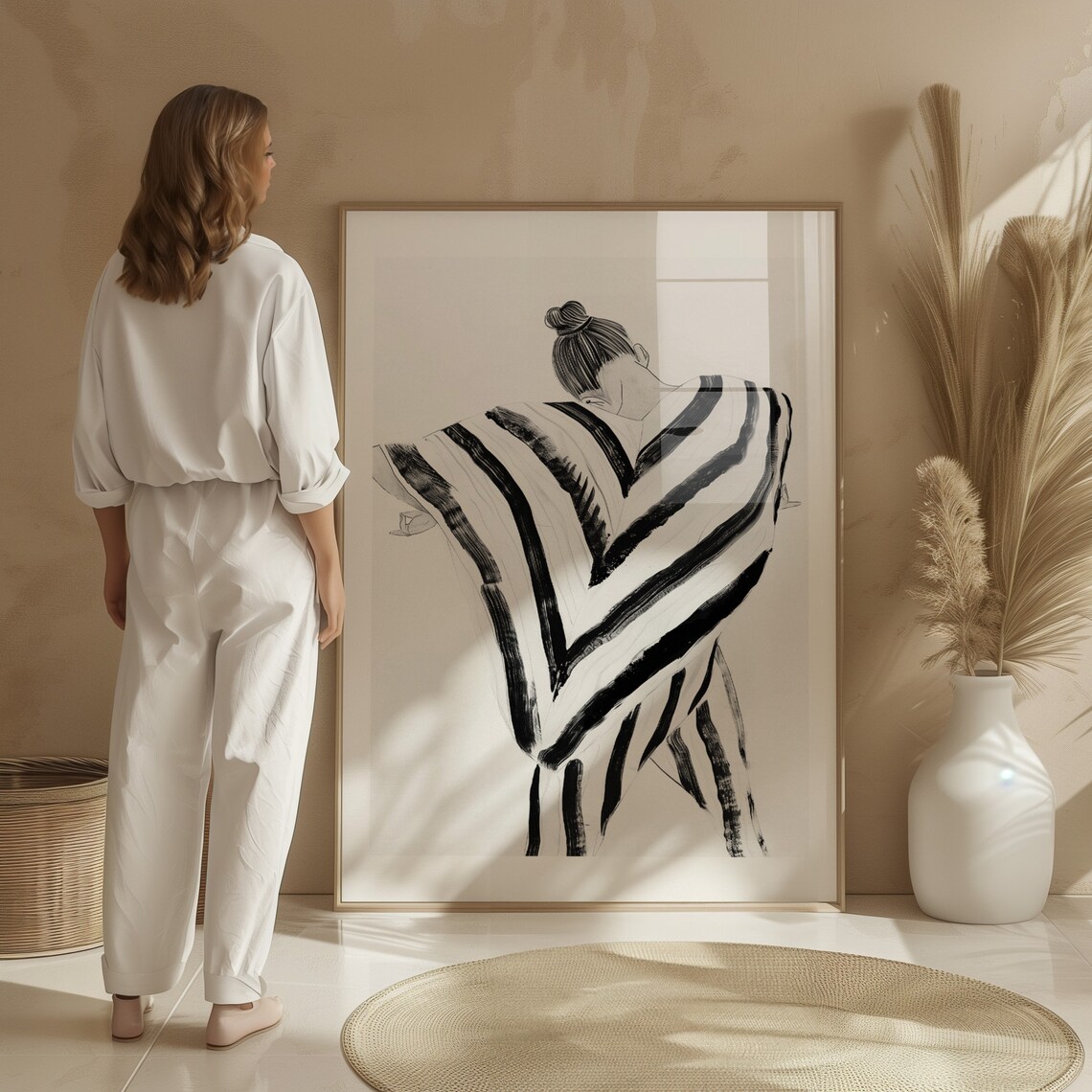 Elegant Stripes Woman Silhouette, Minimalist Art Print