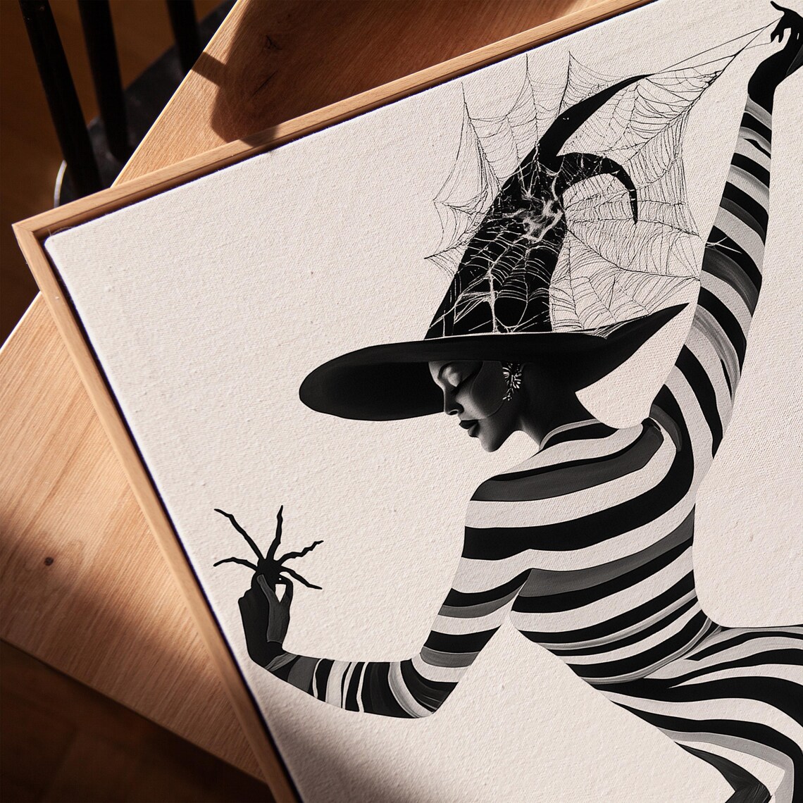 Elegant Witch in Striped Dress, Gothic Halloween Print - Image 3